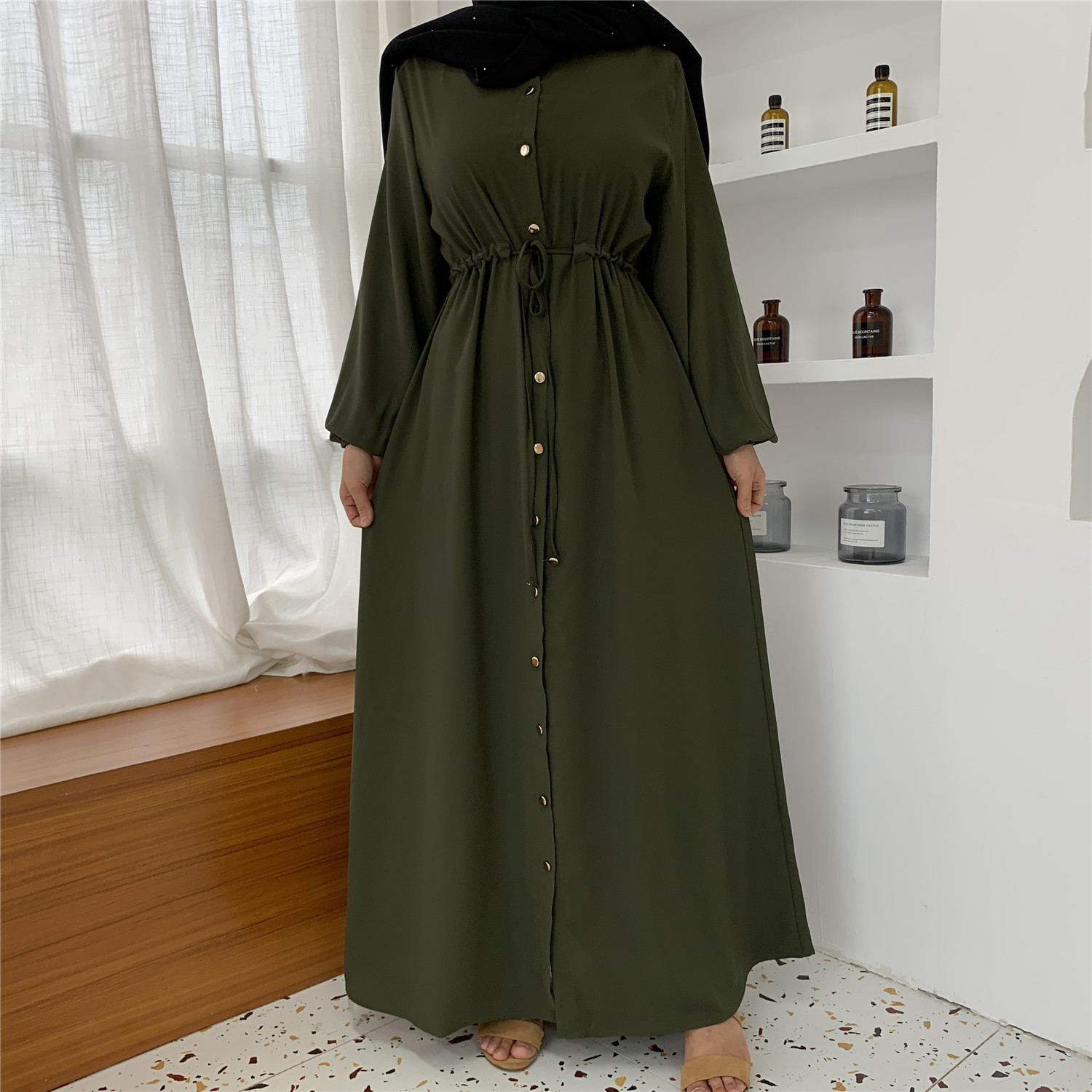 New Fashion Muslim Lapel Solid Color Long Skirt Full Button Slim Dress 
