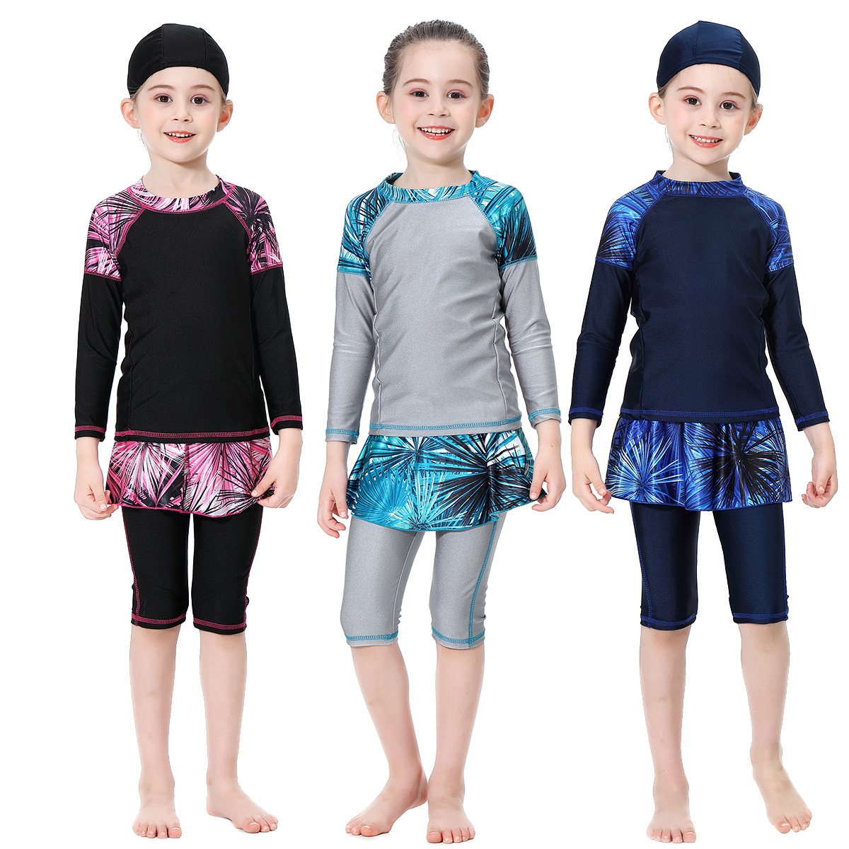  Sportswear Fashion 3 Pieces Fabric 2021 Kids Swimwear Girl Muslim Islamic Clothing Full Cover Modest Swimwear Swimsuit Burkini