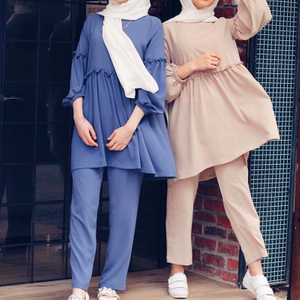  2022 Kurti Two Piece Maxi Burka 2pieces Women Suit Prayer Dubai Pants Islamic Clothing Top Thobe Modest Printing Muslim Blouse Set