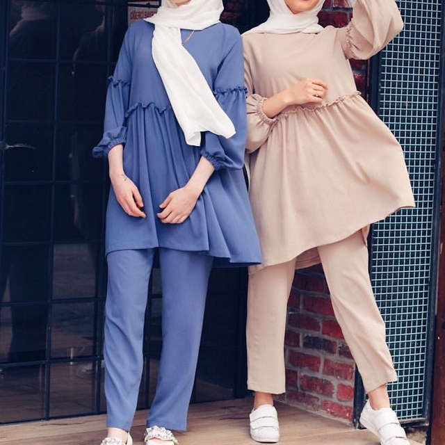  2022 Kurti Two Piece Maxi Burka 2pieces Women Suit Prayer Dubai Pants Islamic Clothing Top Thobe Modest Printing Muslim Blouse Set
