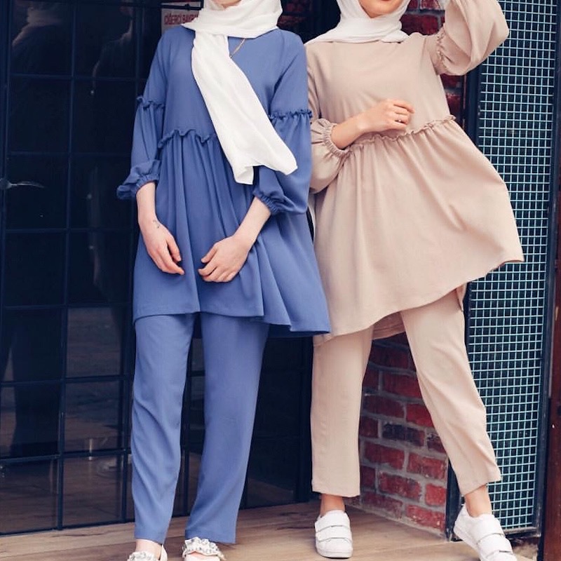  2022 Kurti Two Piece Maxi Burka 2pieces Women Suit Prayer Dubai Pants Islamic Clothing Top Thobe Modest Printing Muslim Blouse Set