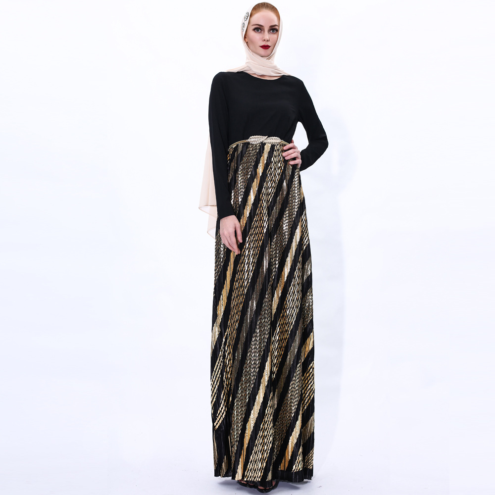 New Bronzing Pleated Muslim Long Skirt Gold Belt Female Turkish Dress Dress Cross-border Abaya