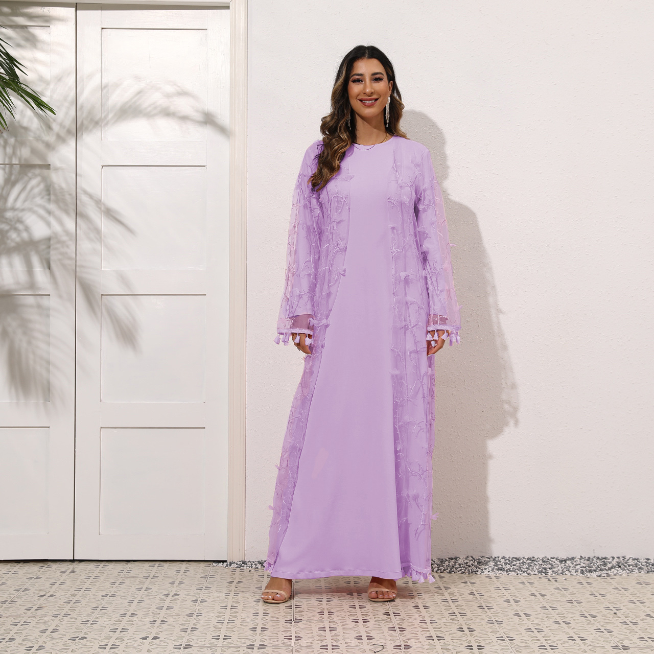 2022 New Style Elegant Solid Color Perspective Sense 3D Embroidered Muslim Two-piece Set