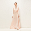 2022 Summer Elegant Double Layer Thick Chiffon Pink Stand Collar Waist Folded Muslim Dress