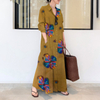 2022 Muslim Plus Size Women's Cotton And Linen Printing Lapel Long-sleeved Pockets Simple Loose Literary Leisure Long Shirt Dress