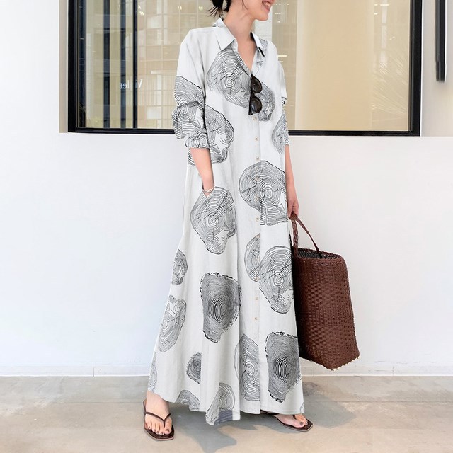 2022 Muslim Plus Size New Muslim Cotton And Linen Printing Lapel Long Sleeve Simple Loose Casual Long Shirt Dress