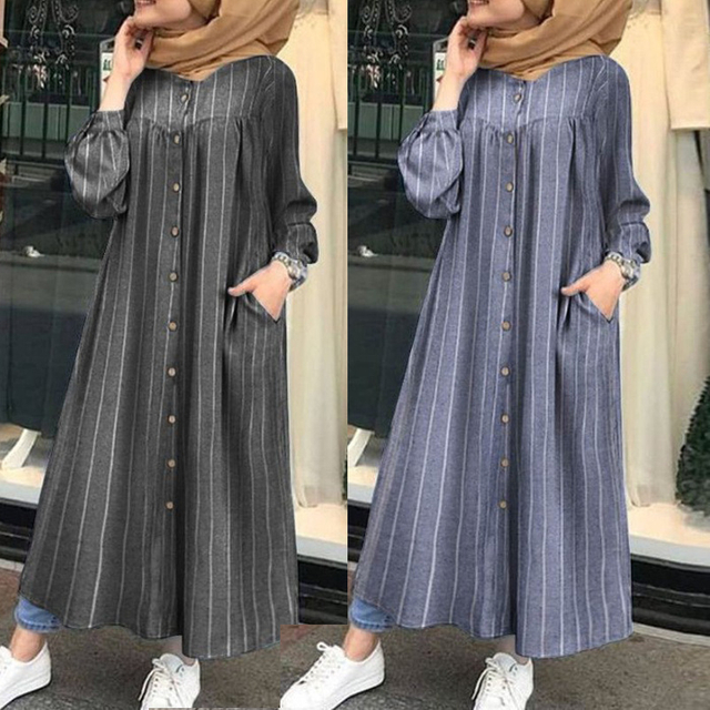 2022 Muslim Loose Mid-length Striped Long-sleeved Cotton Stitching Cardigan Cotton And Linen Temperament Commuter Dress