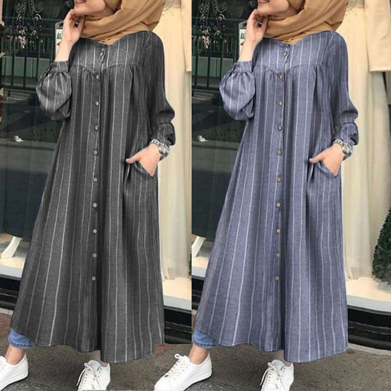 2022 Muslim Loose Mid-length Striped Long-sleeved Cotton Stitching Cardigan Cotton And Linen Temperament Commuter Dress