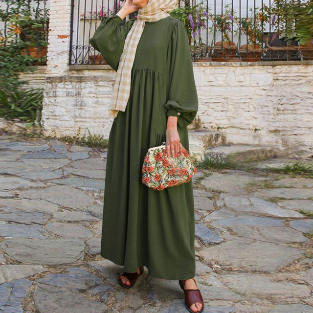2022 Muslim Loose Casual Solid Color Round Neck Lantern Sleeve Irregular Stitching Long Sleeve Women's Dress