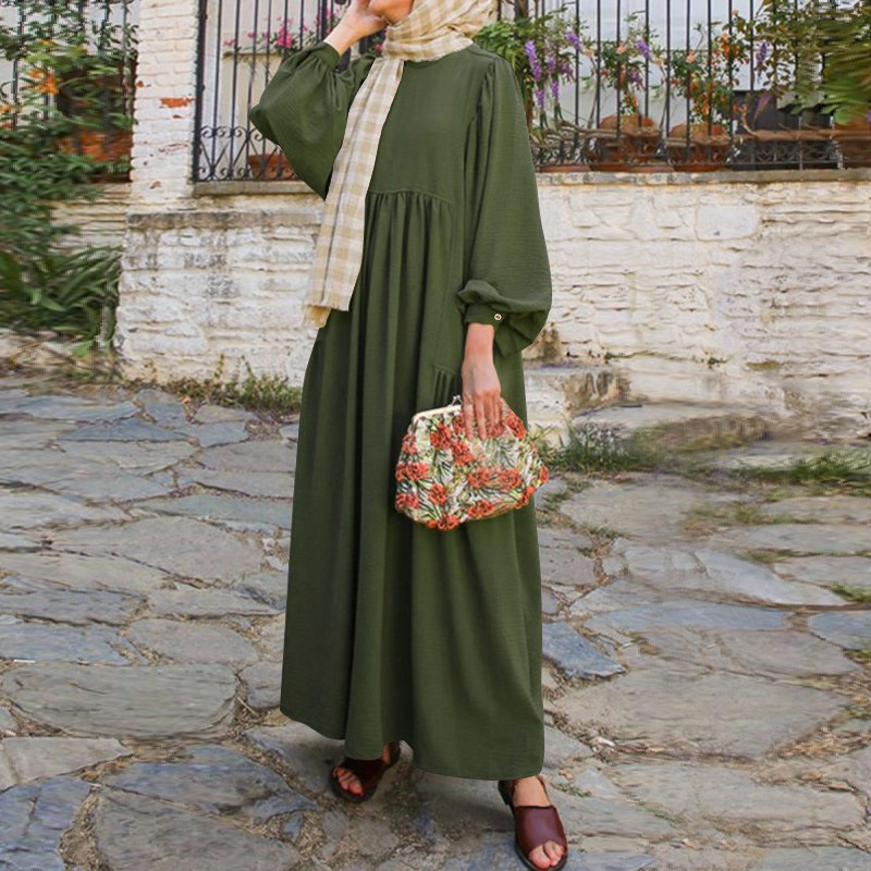 2022 Muslim Loose Casual Solid Color Round Neck Lantern Sleeve Irregular Stitching Long Sleeve Women's Dress