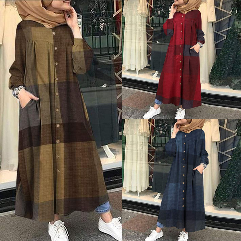 Muslim Plus Size Women's Fall Loose Dark Pattern Cotton And Linen Printing Casual Long-sleeved Retro Long Dress