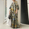 2022 New Style Cotton And Linen Printing V-neck Simple Loose Casual Long Large Size Dress Long Skirt Women's Clothing