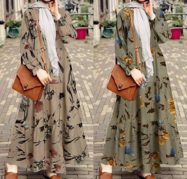 2022 Muslim Plus Size Women's Middle Eastern Muslim Robe Dress Female Retro Long-sleeved Large Floral Dress