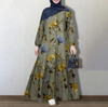 2022 Muslim Cotton and Linen Printed Round Neck Button Bubble Long Sleeve Elastic Cuffs Fashion Loose Casual Dress