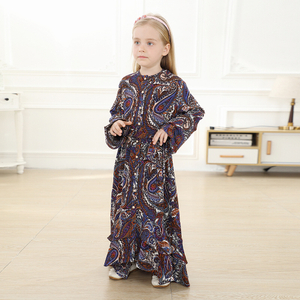 Button Ethnic Digital Printing Kid Child Modest Muslim Islamic Abaya Maxi Dress