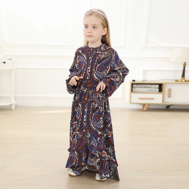 Button Ethnic Digital Printing Kid Child Modest Muslim Islamic Abaya Maxi Dress