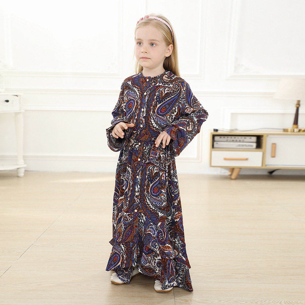 Button Ethnic Digital Printing Kid Child Modest Muslim Islamic Abaya Maxi Dress
