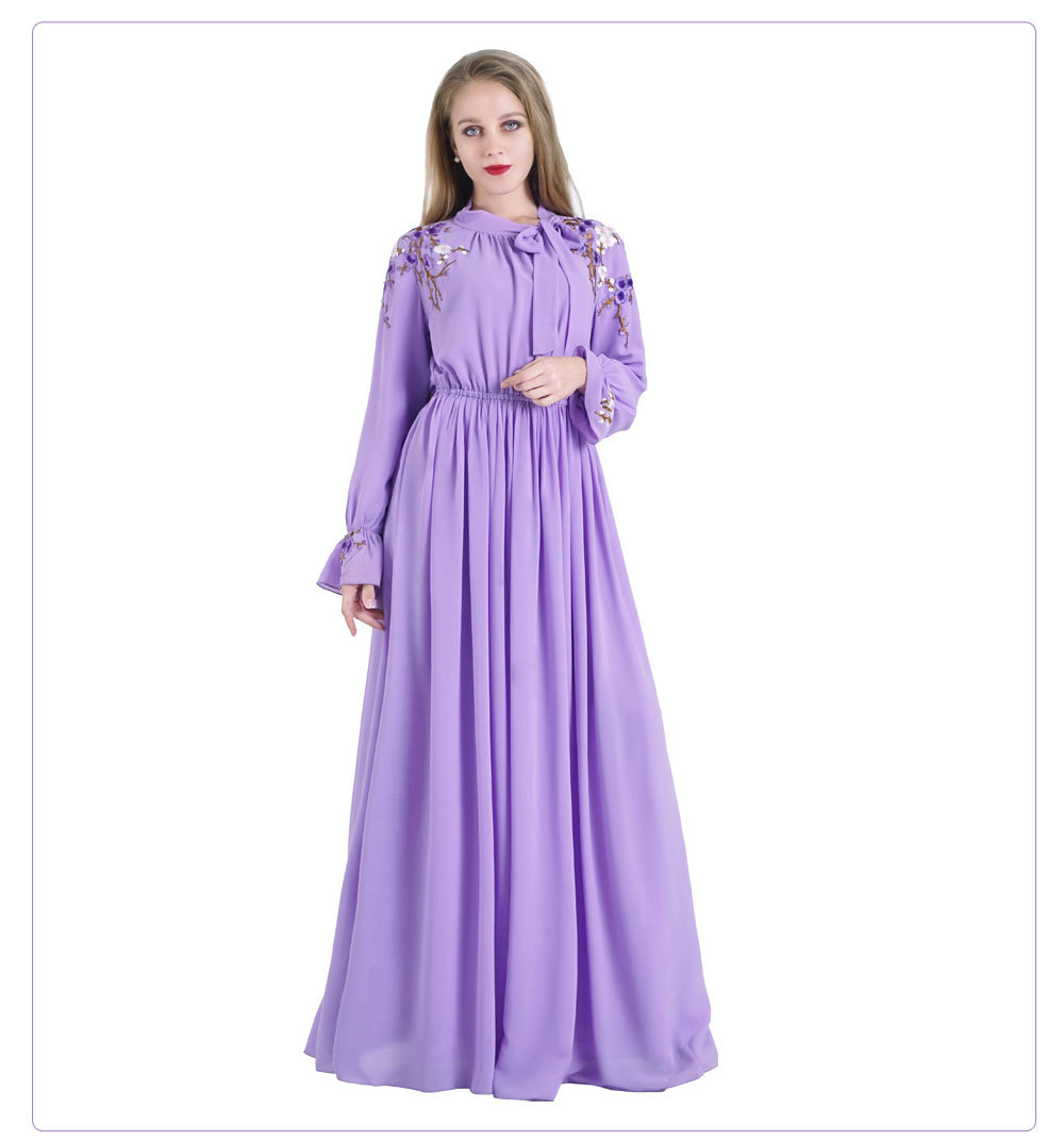 Purple Elastic Waist Abaya Design Hijab Dresses Islamic Clothing For Party