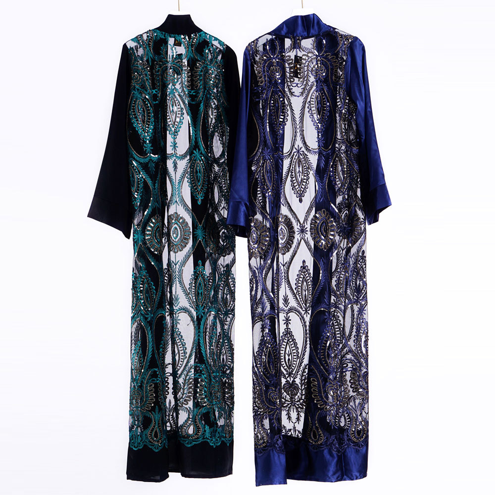 Middle East Sequin Embroidered Robe Open Abaya Muslim Islamic Clothing 