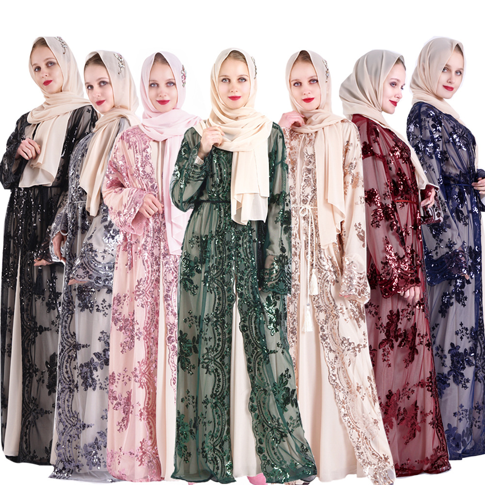 Floral Sequined Round Neck Kimono Muslim Dubai Maxi Robes Dresses Front Open Abaya 