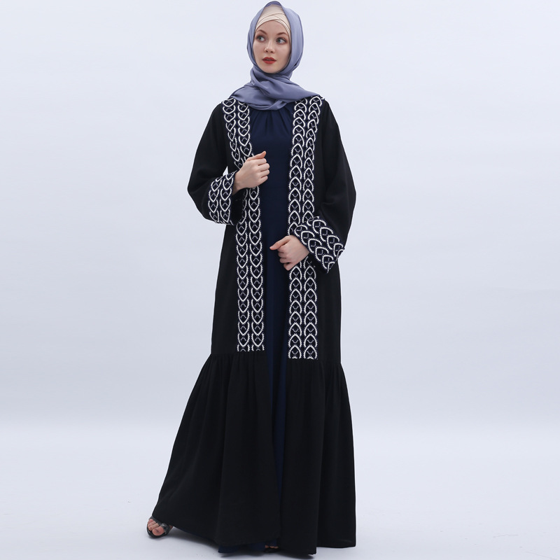 Maxi Dress Long Sleeve Embroidery Lace Islamic Muslim Kimono Dress Open Abaya