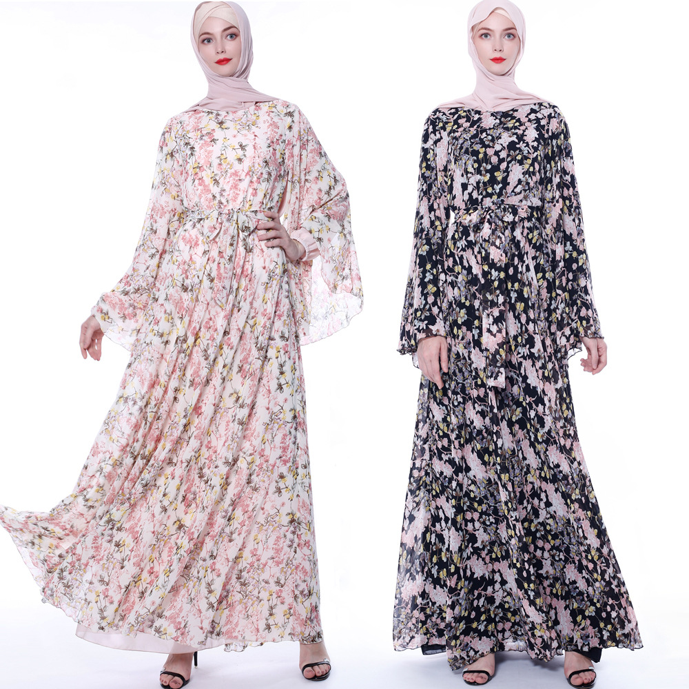 Abaya Long Sleeve Round Collar Floral Chiffon Islamic Clothing Maxi Dress Muslim Ladies
