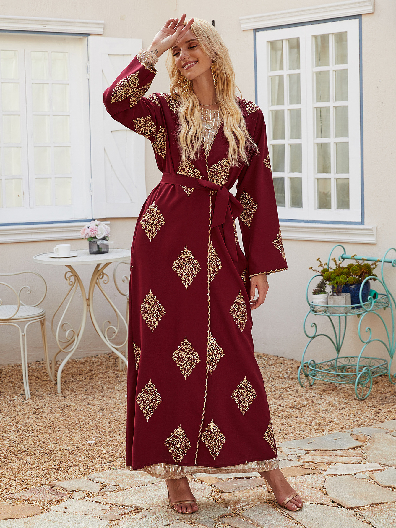 Embroidery Flower Muslim Islamic Clothing Kimono Cardigan Front Open Abaya (9)