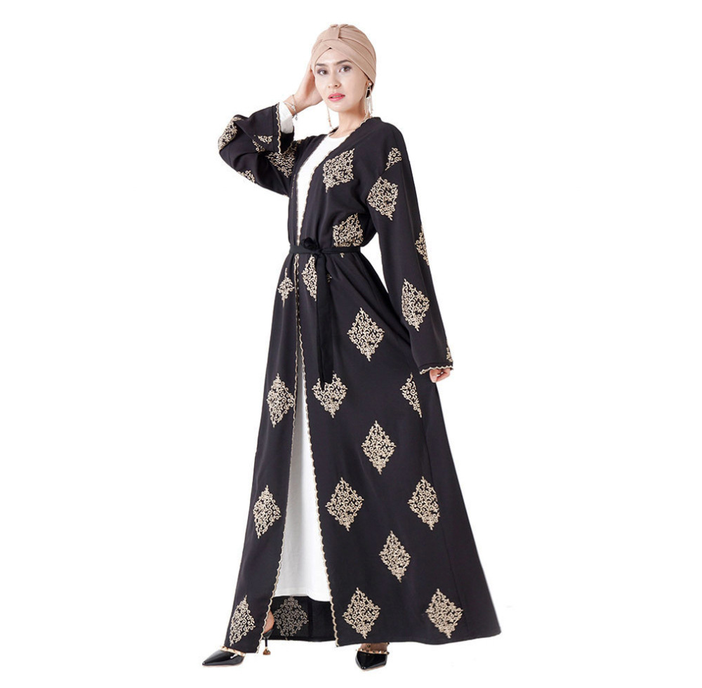 Embroidery Flower Muslim Islamic Clothing Kimono Cardigan Front Open Abaya