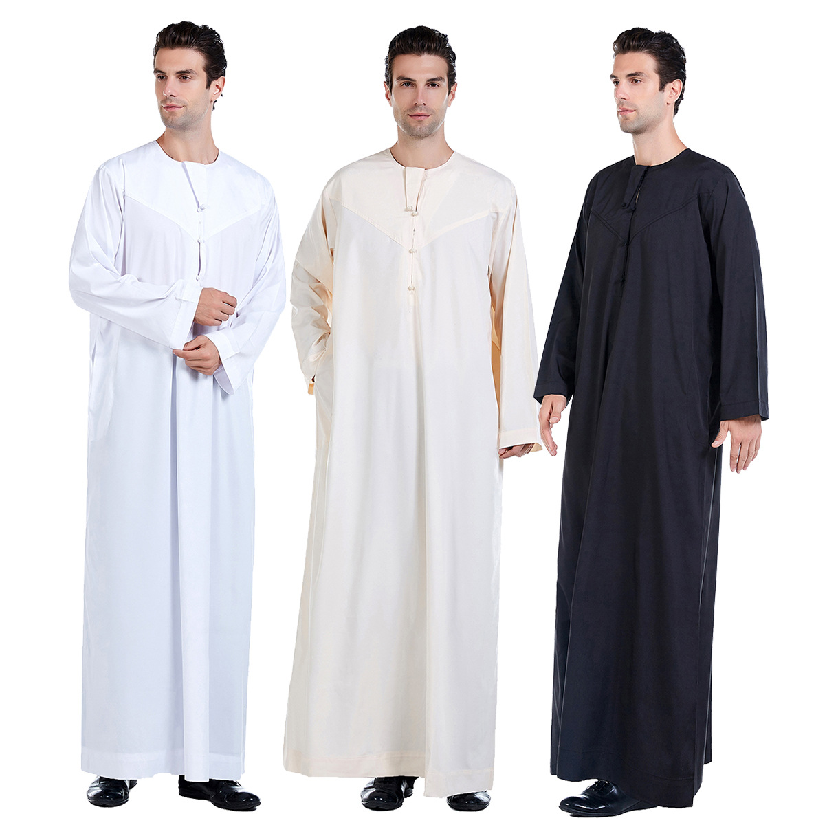 Fashion Crew Neck Traditional Embroidered Breathable Long Sleeve Muslim Islamic Clothing Men Thobe 