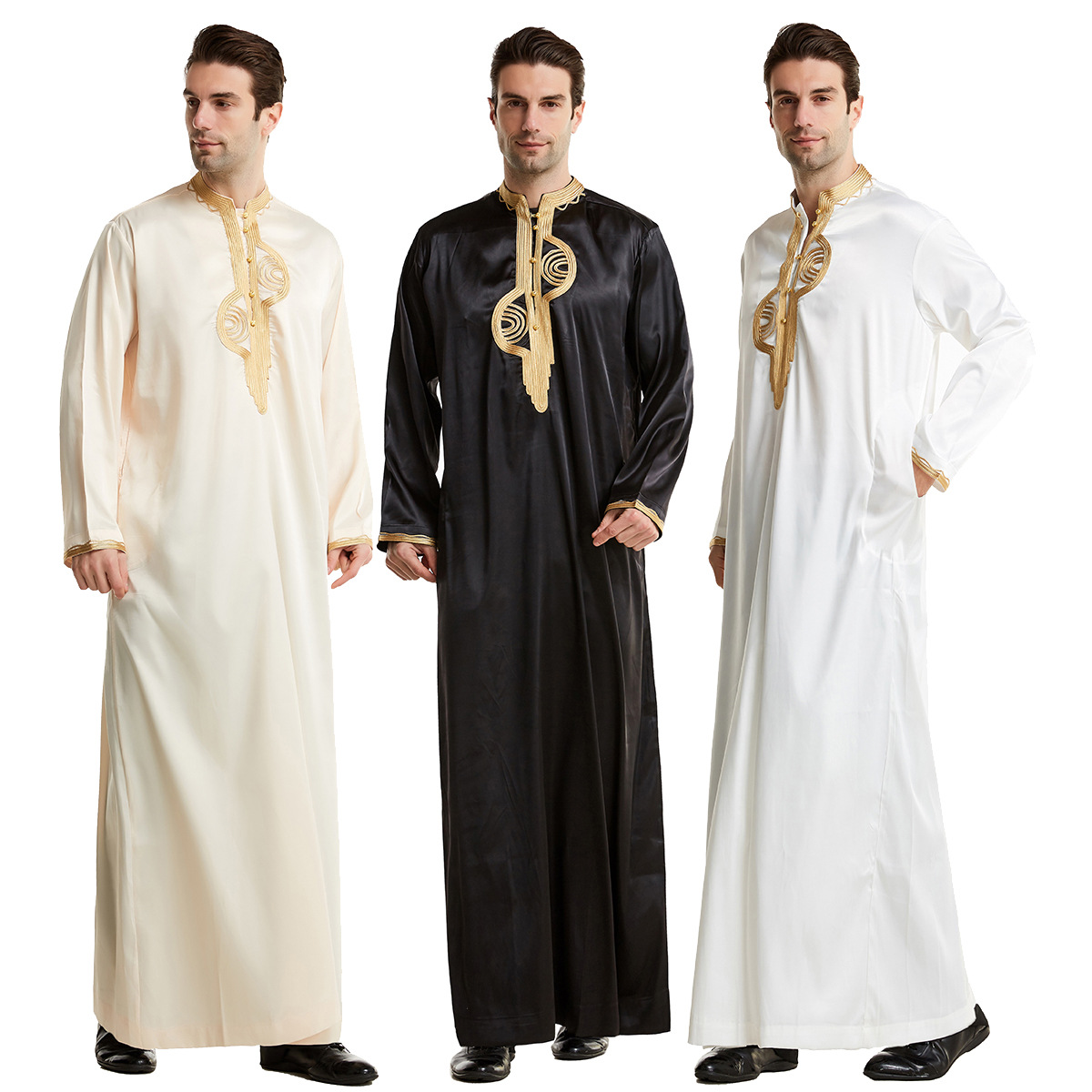 Jubba Adults Stand Collar Embroidered Cotton Black Long Sleeve Solid Muslim Islamic Clothing Men Thobe