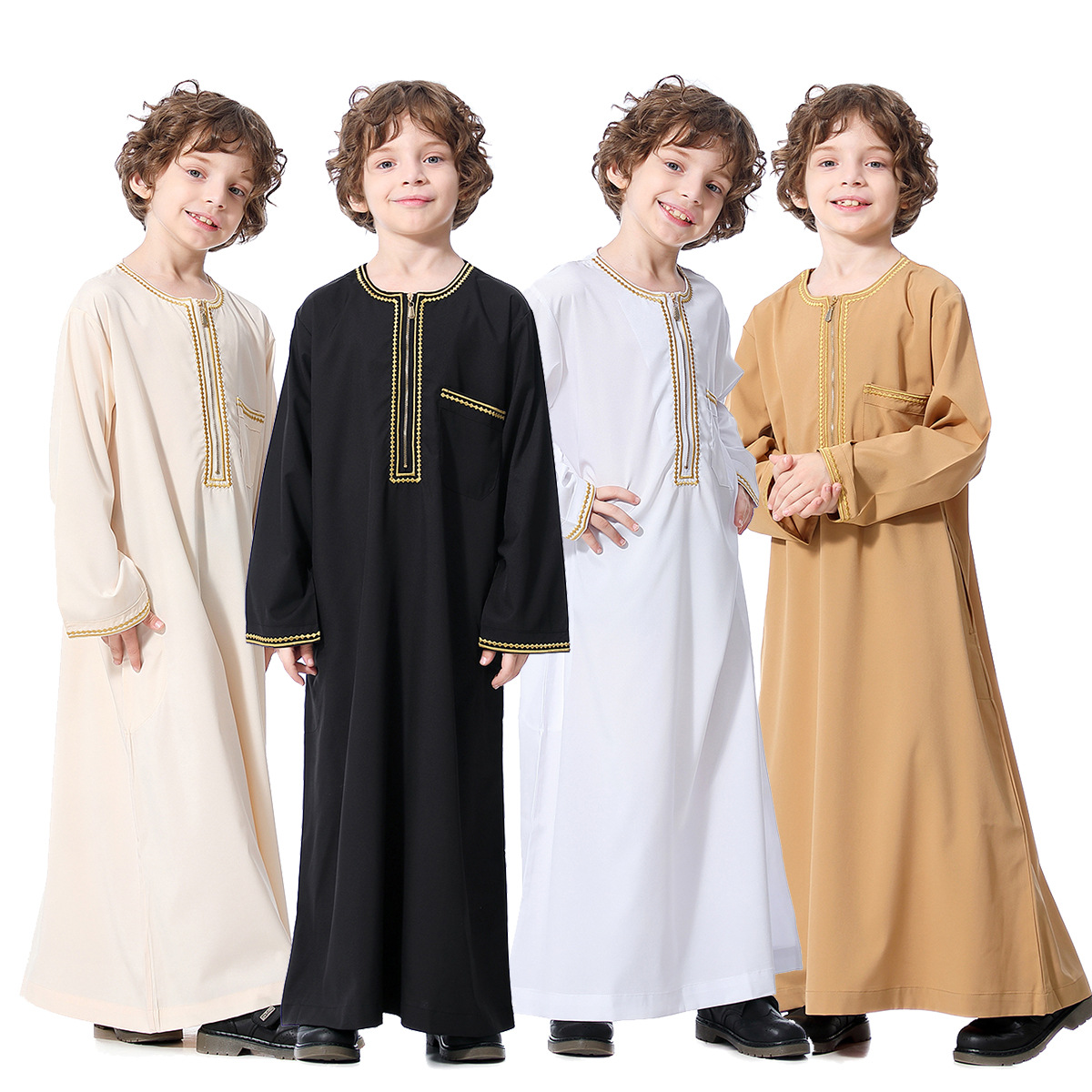 Arab Wholesale Crew Neck Embroidered Breathable Long Sleeve Muslim Islamic Kids Clothing Boys Thobe