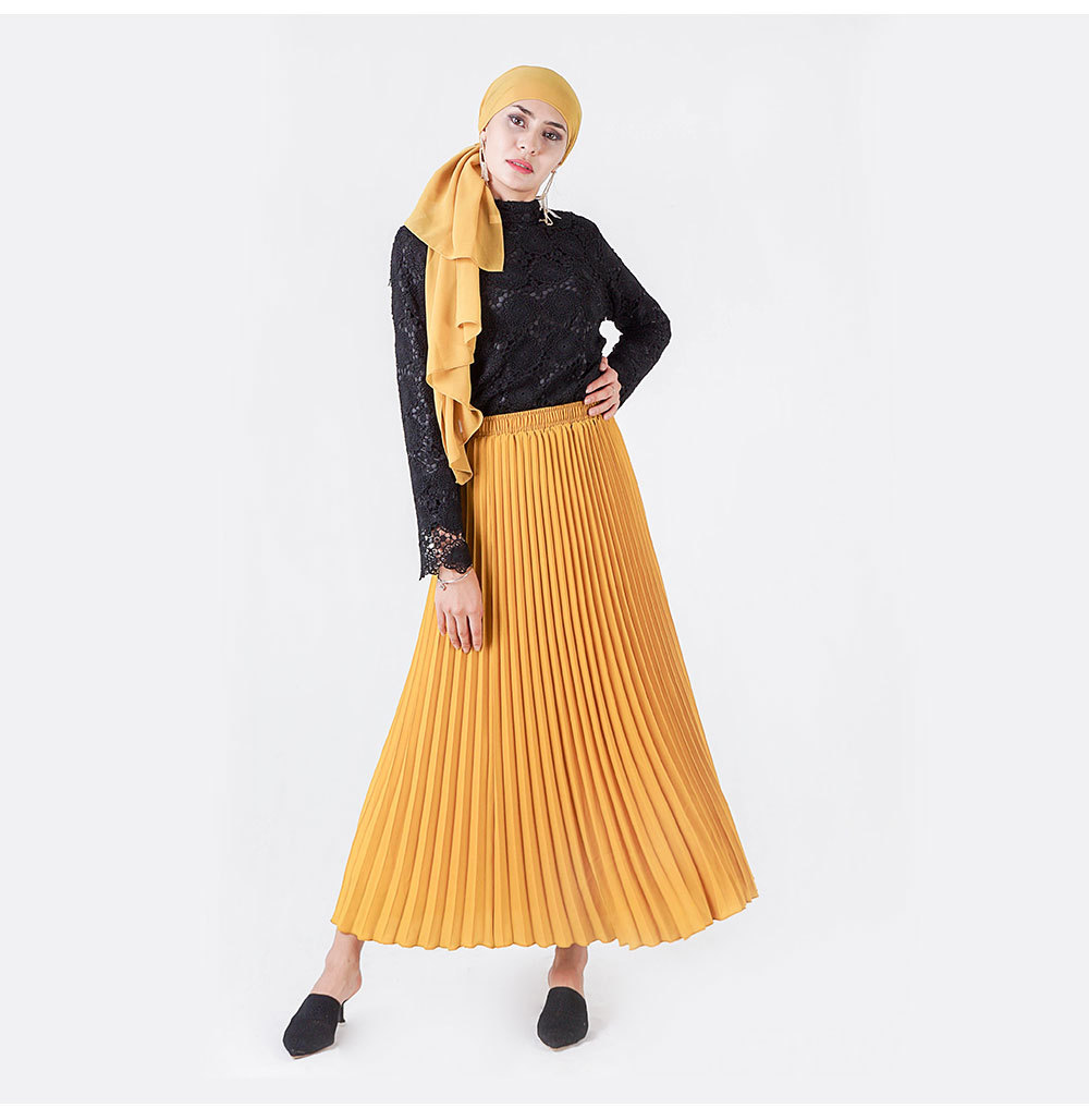 Casual Pure Solid Color Chiffon Elastic Waist Long Pleated Dress Muslim Islamic Skirt