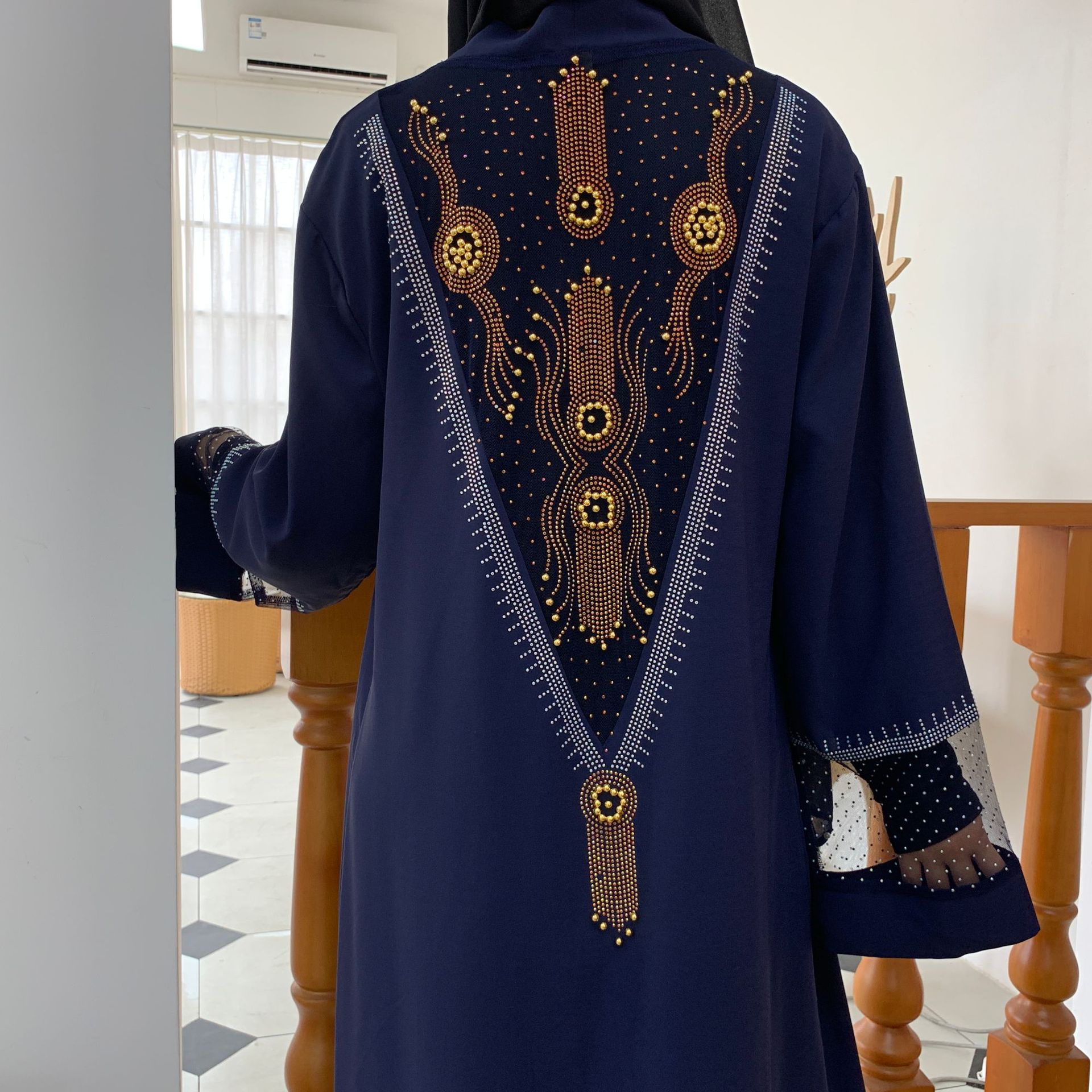 Modest Womens Mesh Fabric Stitching Beading Muslim Cardigan Open Abaya (14)