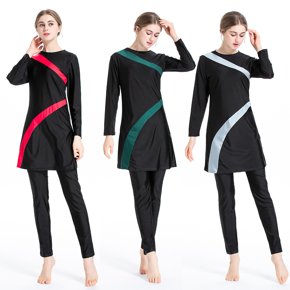 SIPO FREE SHIPPING Modest Color Stitching Full Cover Body Muslim Swimwear Skirts Women Long Islamic Swimming Suit Swimsuit