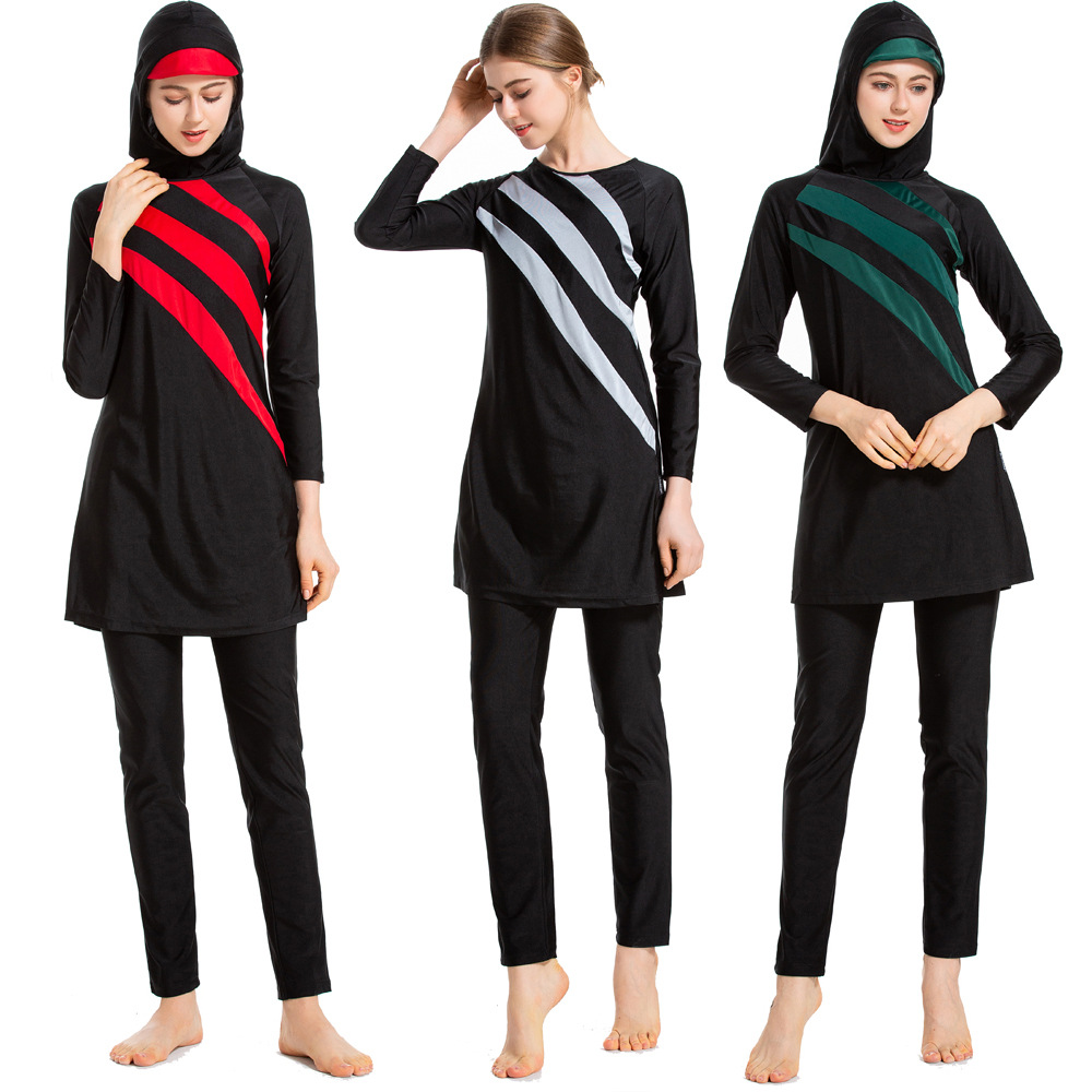 FREE SHIPPING Color Stitching Full Cover Body Long Sleeves Swimwear Skirts Muslim Fat Women Islamic Swimming Suit Swimwear