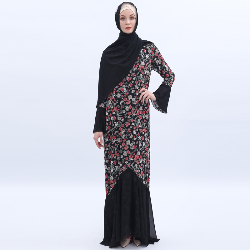 Floral Flared Sleeve Chiffon Print Both Sides Wear Fishtail Muslim Maxi Dress