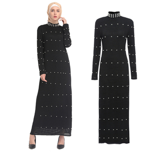 Wholesale Arabic High Collar Pearls Muslim Dresses Skirts Woman Ethnic Islamic Clothing