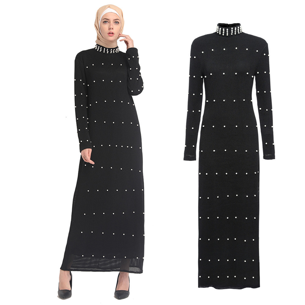 Wholesale Arabic High Collar Pearls Muslim Dresses Skirts Woman Ethnic Islamic Clothing