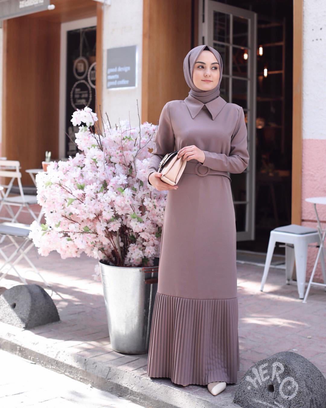 Excellent Pleated High Quality Simple Design Fashion Shirt Collar Muslim Dresses Women
