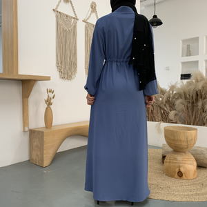2021 Modest Muslim Lapel Solid Color Full Button Slim Maxi Dress Islamic Abaya