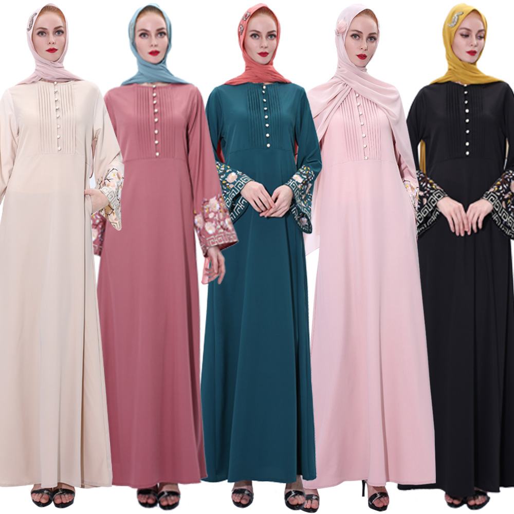 2021 Embroidered Trumpet Sleeve Dress Modest Retro A-line Slim Muslim Abaya