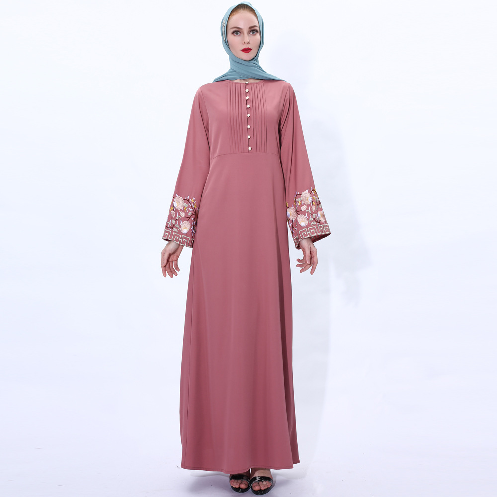2021 Embroidered Trumpet Sleeve Dress Modest Retro A-line Slim Muslim Abaya (9)
