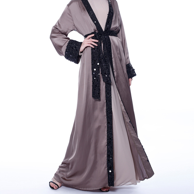 2021 New Muslim Kimono Imitation Silk Sequined Cardigan Lace-up Modest Open Abaya (8)