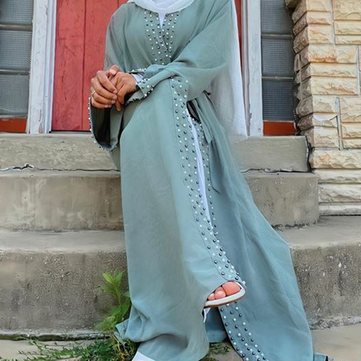 Middle East Kimono Elegant Pure Color Beaded Muslim Modest Cardigan Open Abaya