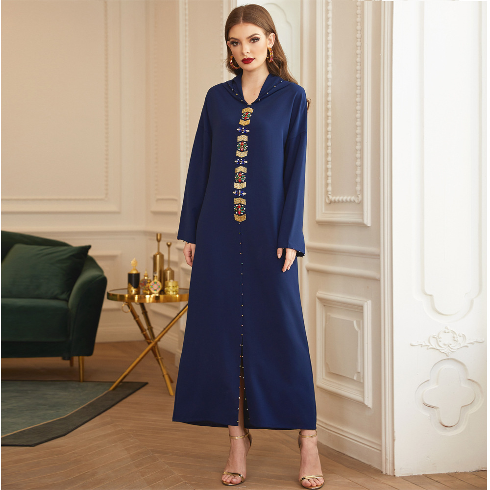 Morocco Beading Gold Tube Muslim Islamic Abaya WIth Hood Modest Abaya