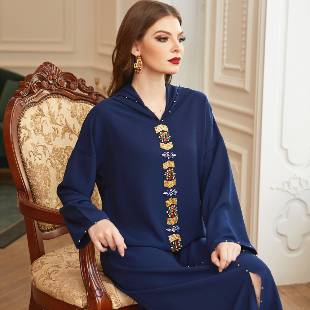 Morocco Beading Gold Tube Muslim Islamic Abaya WIth Hood Modest Abaya (9)