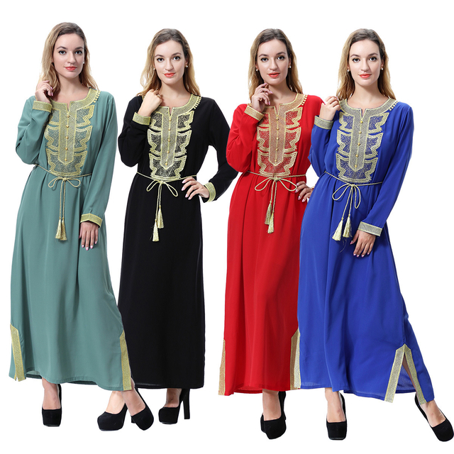 Crew Neck Breathable Long Sleeve Solid Robe Applique Muslim Islamic Clothing Dress Women Abaya