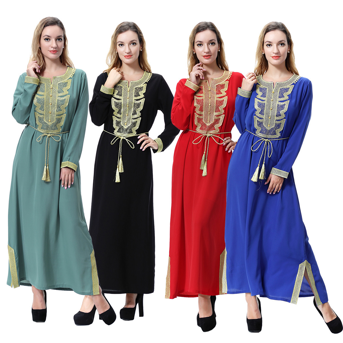 Crew Neck Breathable Long Sleeve Solid Robe Applique Muslim Islamic Clothing Dress Women Abaya