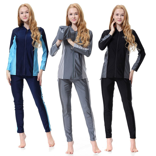 Women's Conservative V-NECK Shrink Rope Zipper Swimsuit Islamic Muslim Swimwear