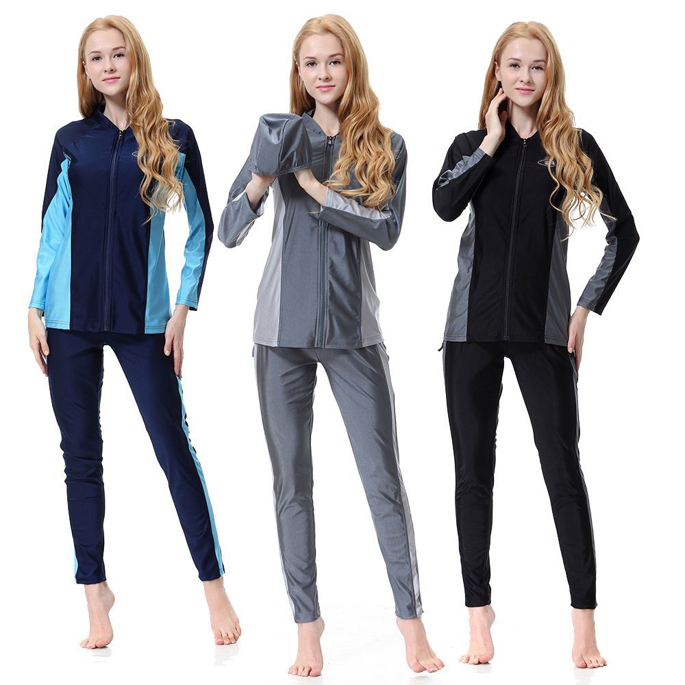 Women's Conservative V-NECK Shrink Rope Zipper Swimsuit Islamic Muslim Swimwear